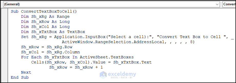 VBA code to covert textbox to cell