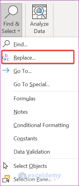 Choosing the Replace option form the menu