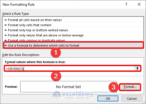 Apply ISEVEN function to highlight even numbers with conditional formatting