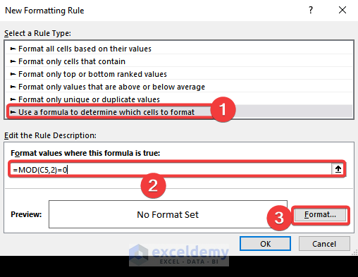 Apply MOD function to highlight even numbers with conditional formatting