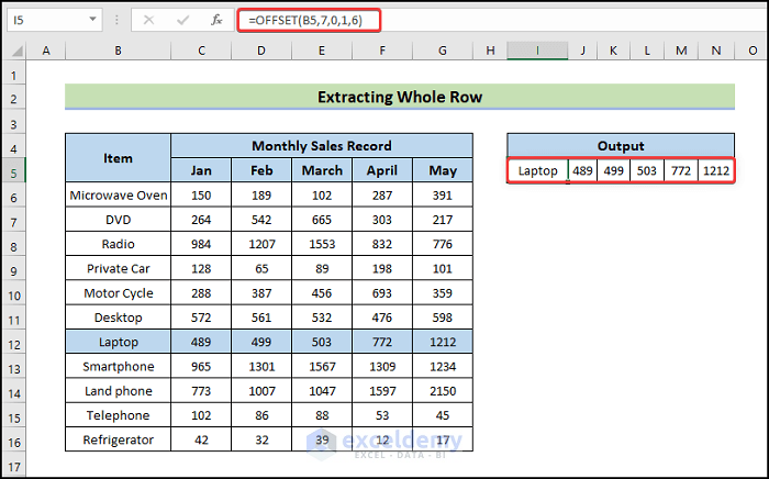 extract whole row to Use OFFSET for Cell Reference in Excel