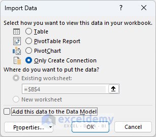 Import Data Dialogue Box