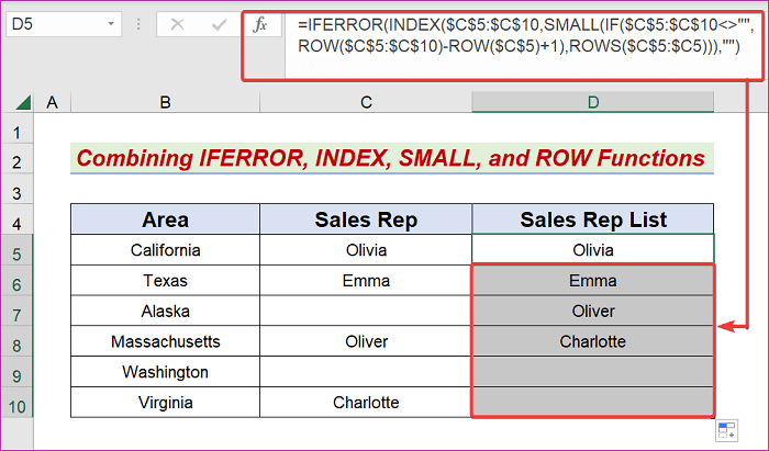Output of Combining IFERROR, INDEX, SMALL, and ROW Functions to Get Non-Empty Cells From a Range