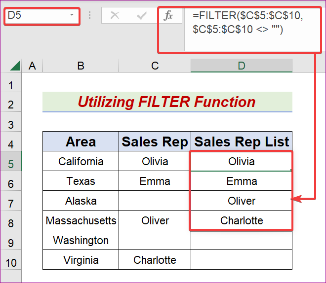 Utilize FILTER Function to Display Non Blank Cells from a Field in Excel
