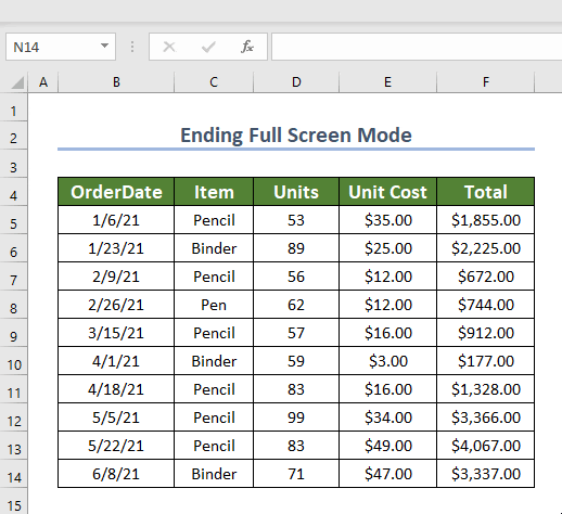 ending the Full-screen Mode by clicking the top of the worksheet