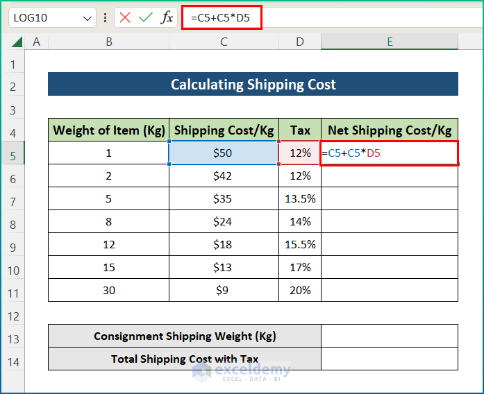 Calculate Net Shipping Cost per Kg in Excel