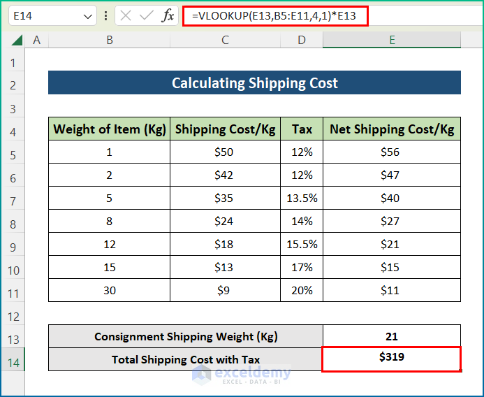 excel shipping cost calculator using VLOOKUP function