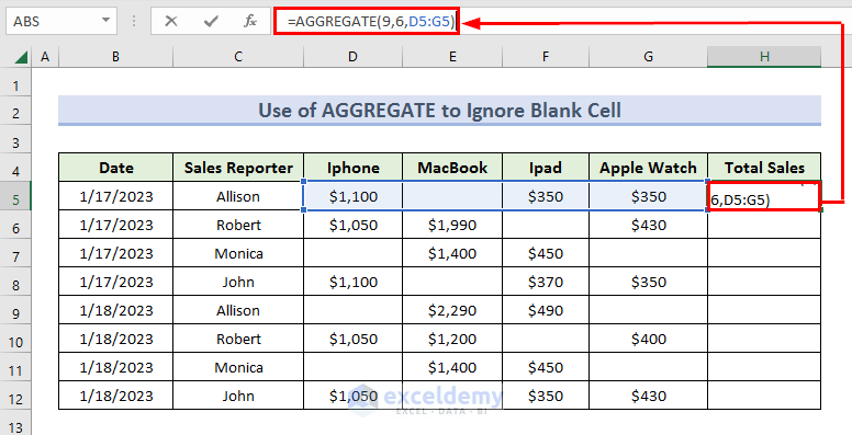 Inserting Aggregate Formula to Ignore Blank Cells in Excel Sum