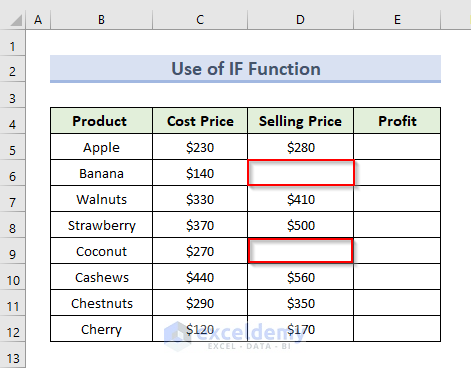 Dataset for Using IF Function to Ignore Blank Cells in Excel Sum