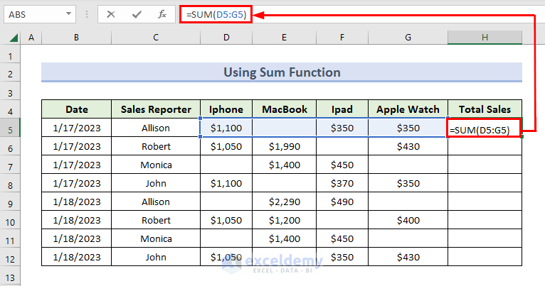 Assigning SUM Formula to Ignore Blank cells in Excel Sum