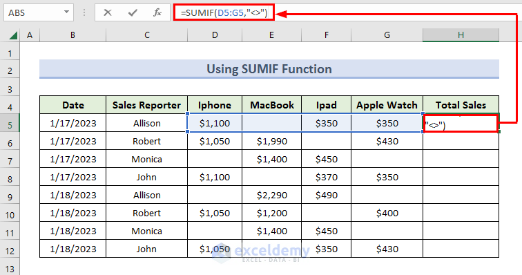 Inserting SUMIF Formula to Ignore Blank Cells in Excel Sum