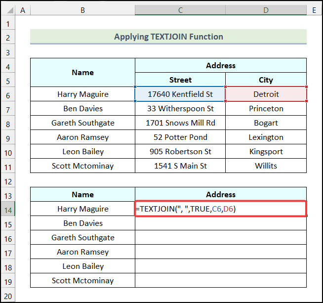 Utilizing TEXTJOIN Function to do union of two columns in Excel