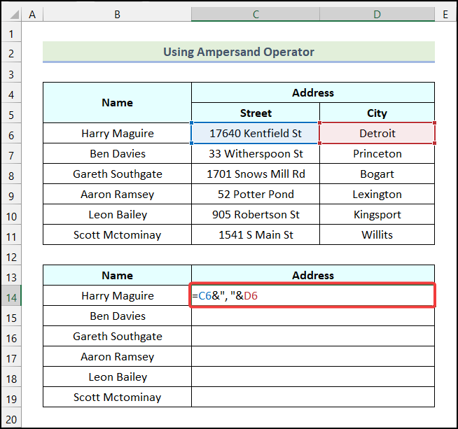 Using Ampersand Operator to do union of two columns in Excel