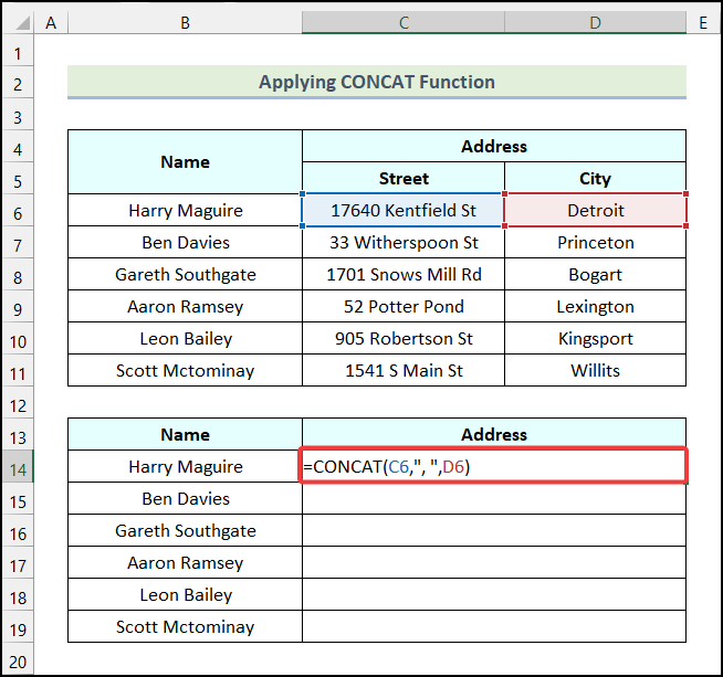 Applying CONCAT Function to do union of two columns in Excel