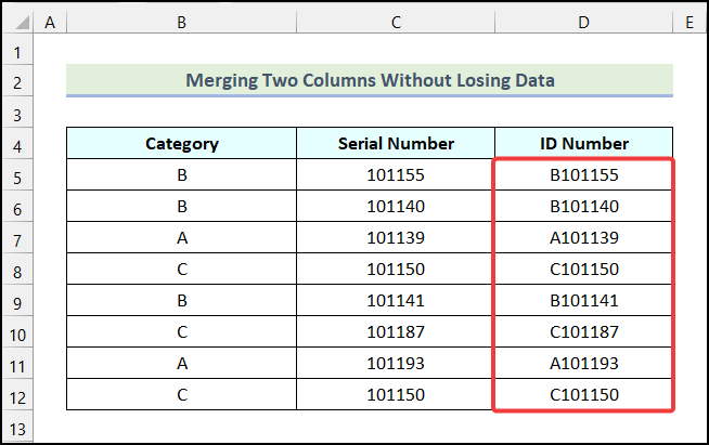 Final output of method 6 to Merge Two Columns Without Losing Data in Excel