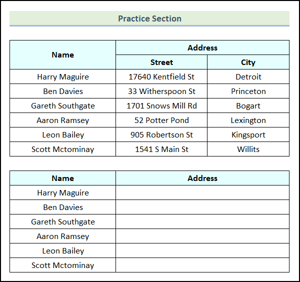 practice section to do union of two columns in Excel
