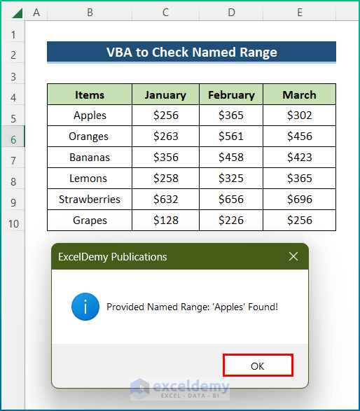 the VBA macro code returns message box showing named ranges