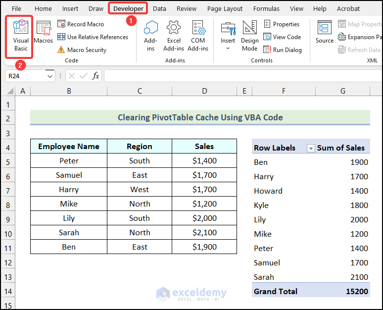 Insert Module to Write VBA Code to clear the PivotTable cache using VBA code in Excel
