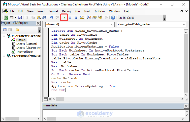Running the VBA code to clear the PivotTable cache using VBA code in Excel