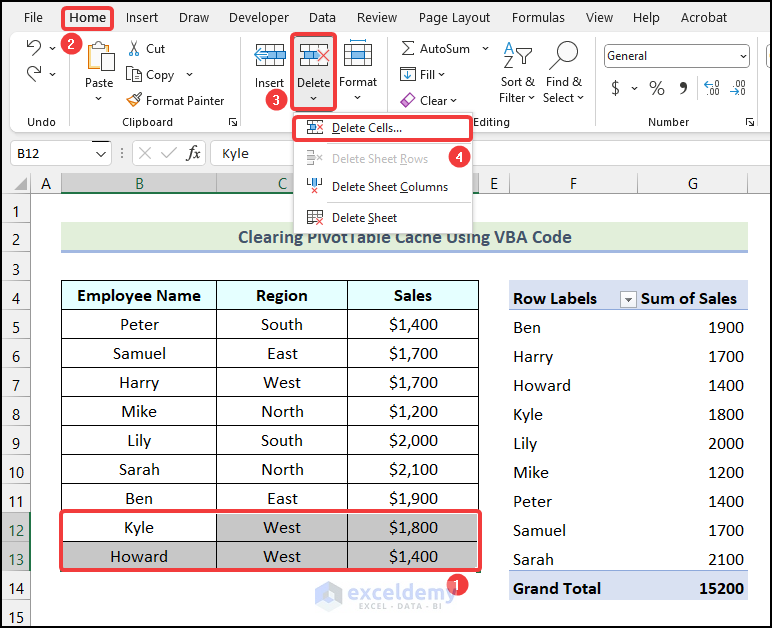Delete Data from Source Table to clear the PivotTable cache using VBA code in Excel