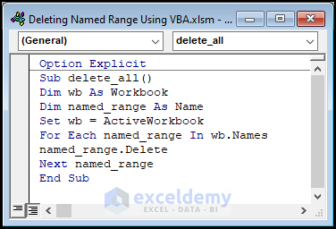 VBA code to delete named range in Excel