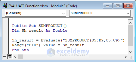 excel vba evaluate function with SUMPRODUCT