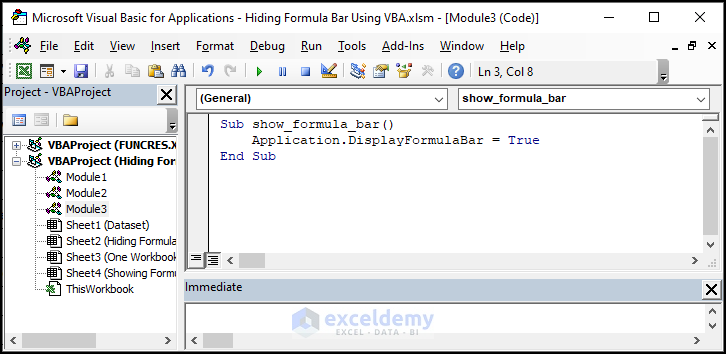 Writing VBA code to display Formula Bar using VBA in Excel