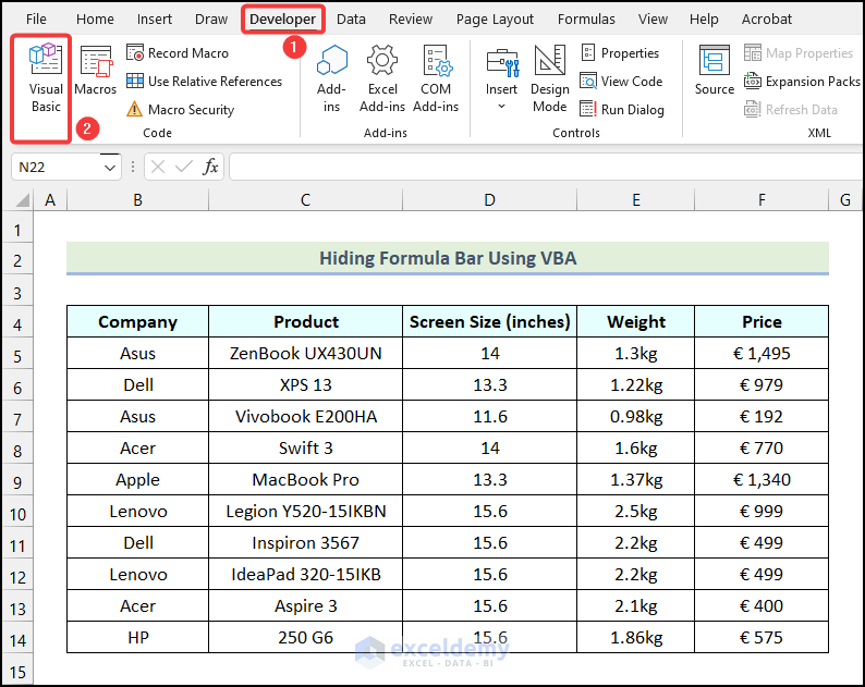 Using Developer tab to hide Formula Bar using VBA in Excel 