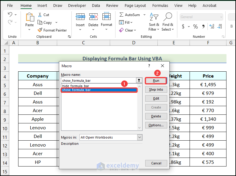 Running macro to show Formula Bar in Excel