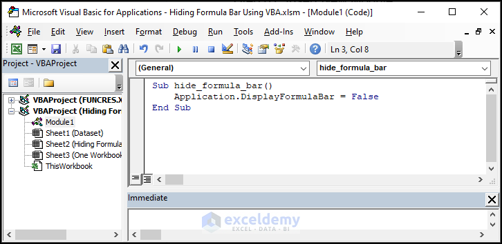 Writing VBA code in new Module to hide Formula Bar using VBA in Excel 