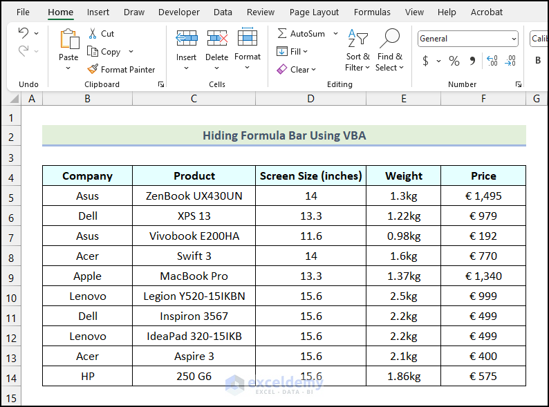 Output obtained after hiding Formula Bar in Excel 