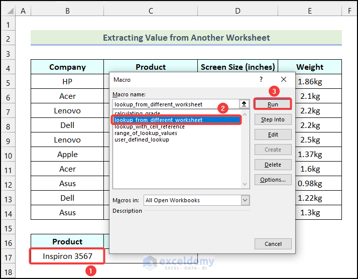 Running the Macro to use the VBA Lookup function in Excel