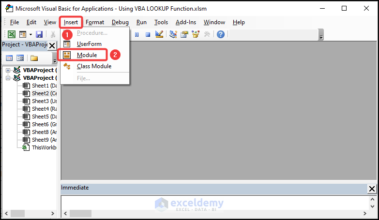 Inserting new Module to write code using VBA Lookup function in Excel