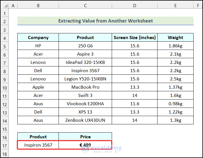 Output obtained by using the VBA lookup function in Excel