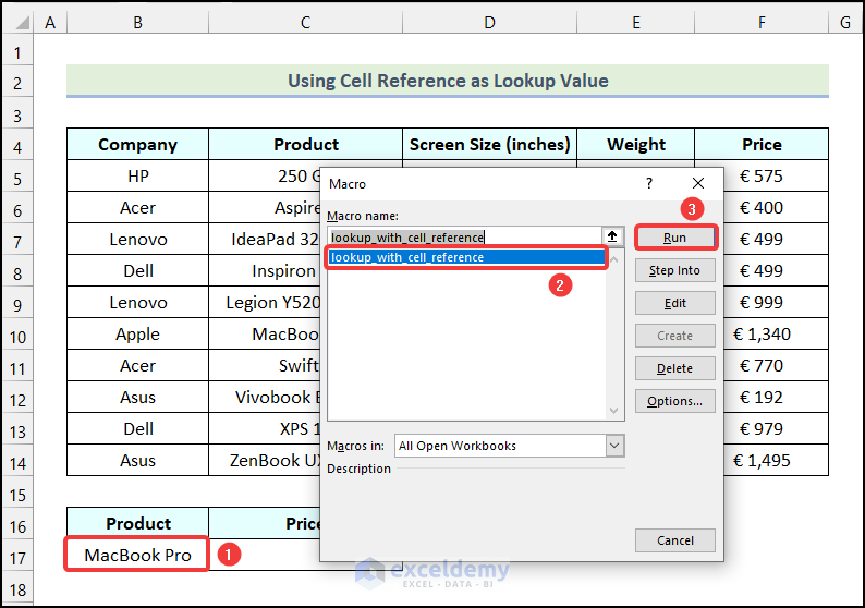Running Macro to use the VBA Lookup function in Excel