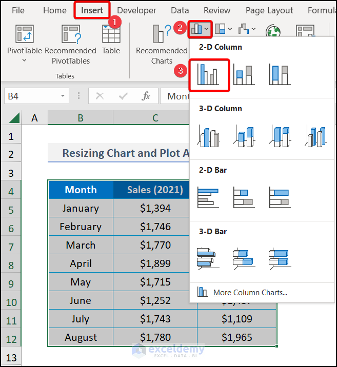 Insert a Chart to resize chart plot area using vba in Excel