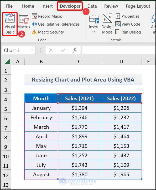 Apply VBA Code to Resize Chart Plot Area in Excel