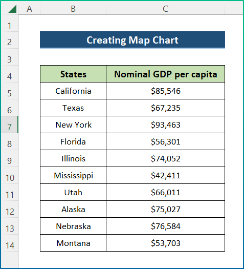 Map Chart Visualization Example in Excel
