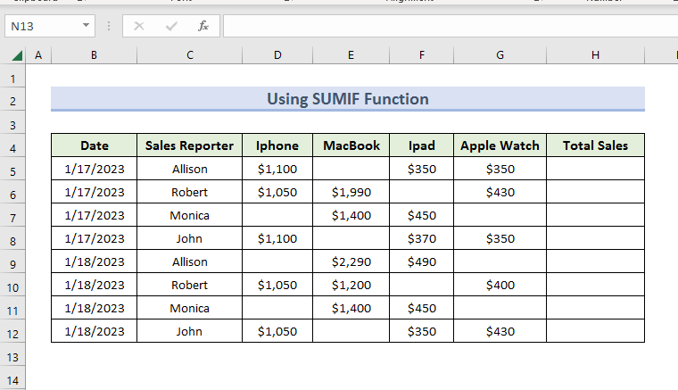 Showing How to Ignore Blank Cell in Excel Sum