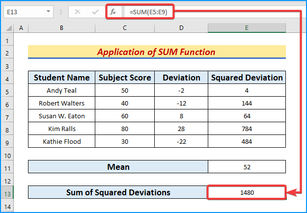 Apply SUM Function to Get Sum of Squared Deviations
