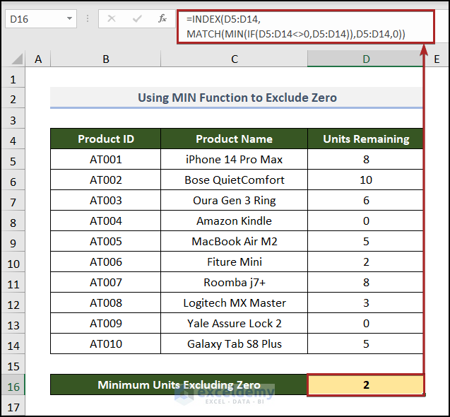 how to use min function in excel exclude zero