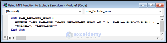 VBA code to Use Min Function to Exclude Zero in Excel