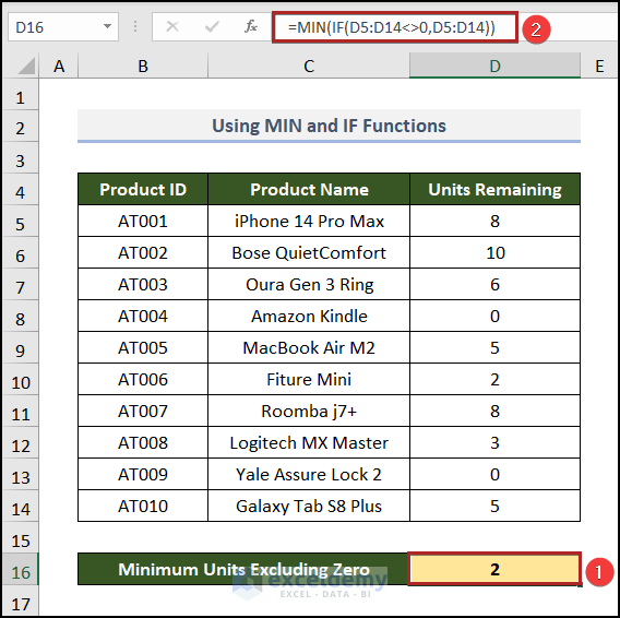 using MIN and IF functions to exclude zero in excel