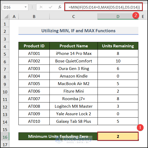 Utilizing MIN, IF, and MAX Functions to exclude zero in excel