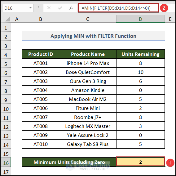 Applying MIN with FILTER Function to exclude zero in Excel