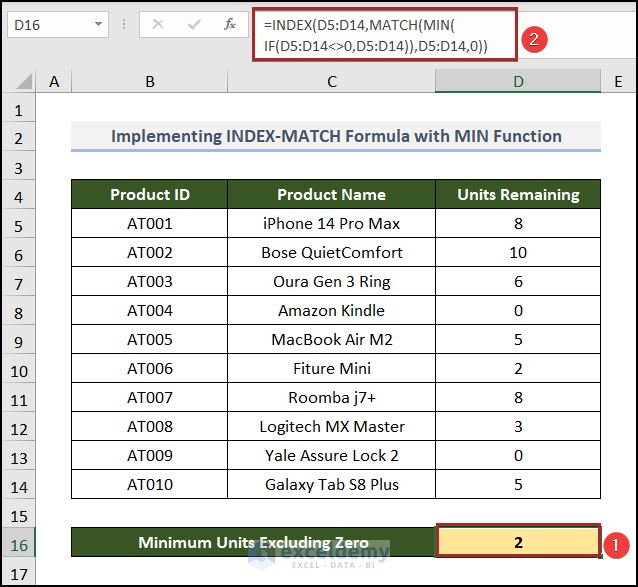 Implementing INDEX-MATCH Formula with MIN Function to exclude zero in Excel