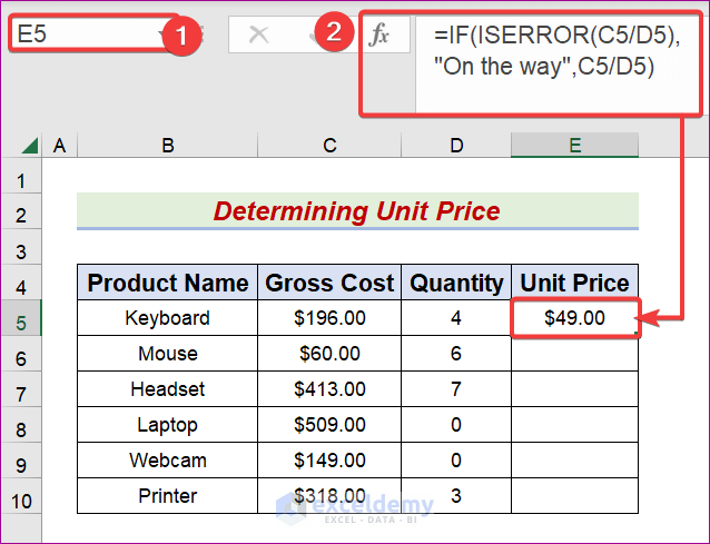 Calculate Unit Price of Commodities Using Nested IF and ISERROR Functions