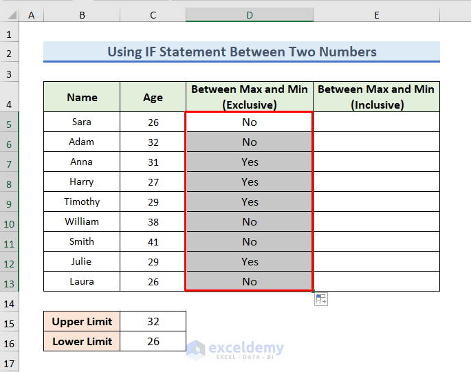 Result of if statement in excel between two numbers exclusively