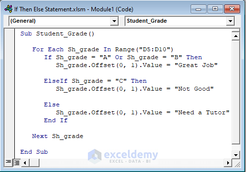 If Then Else Statement Code to Get Student Grade in Excel
