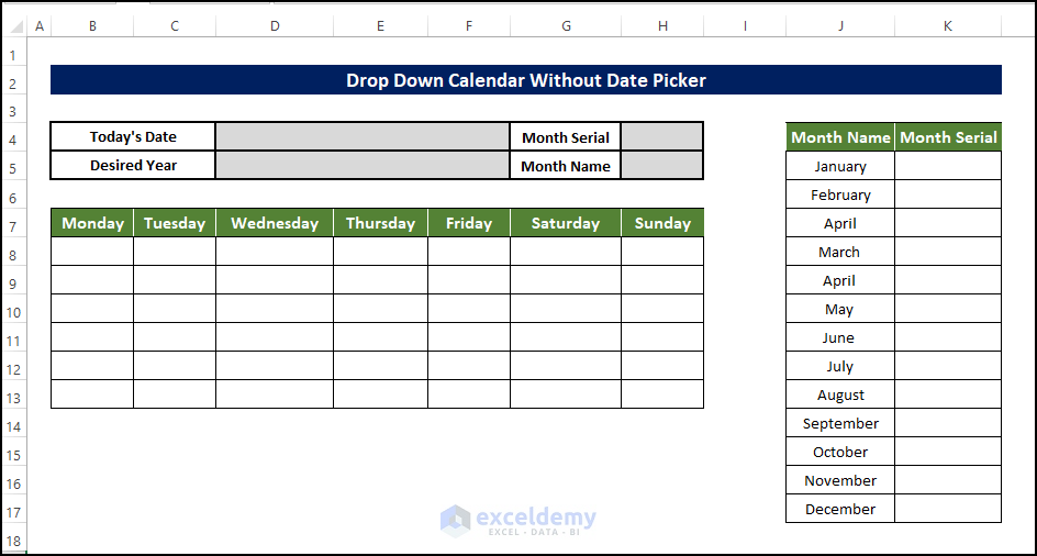 Add Drop Down List of Months to insert drop down calendar in excel without date picker